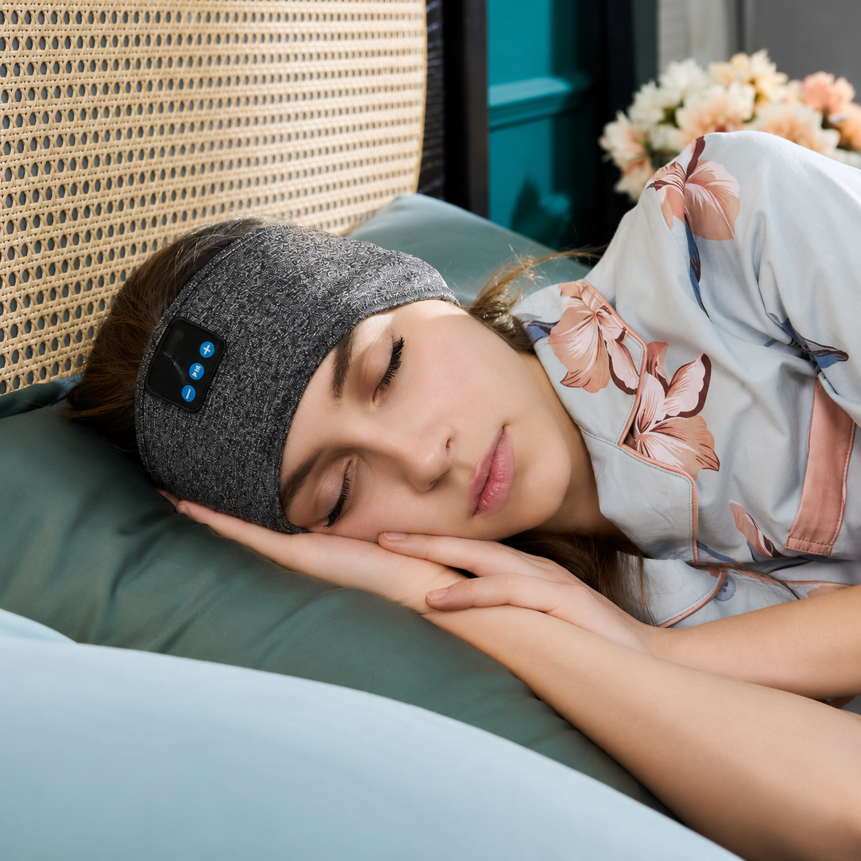 femme allonger sur le coté avec le Bandeau Bluetooth la sous la tête